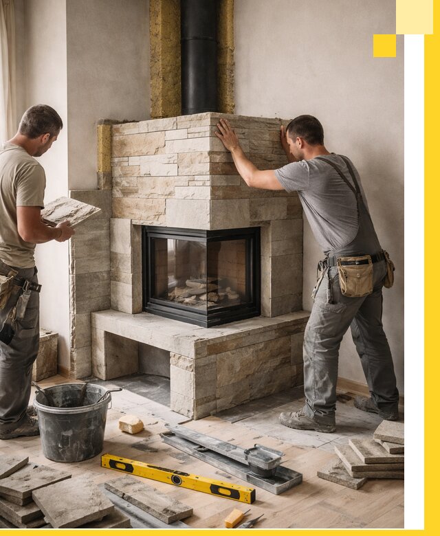 Угловые камины под ключ проект, монтаж и отделка в Добрянке