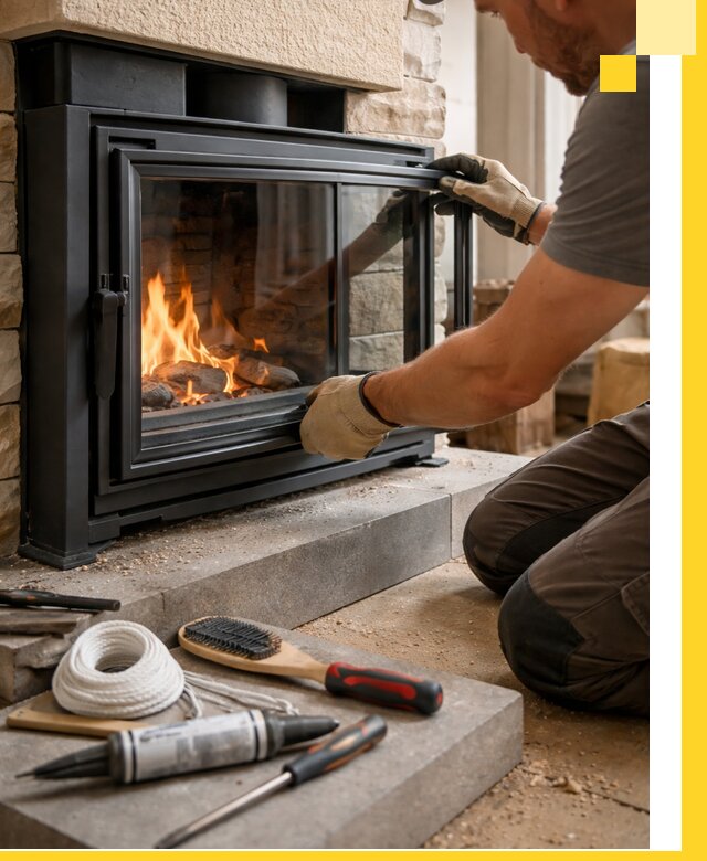 Производство, монтаж и доставка каминов со стеклом в Добрянке