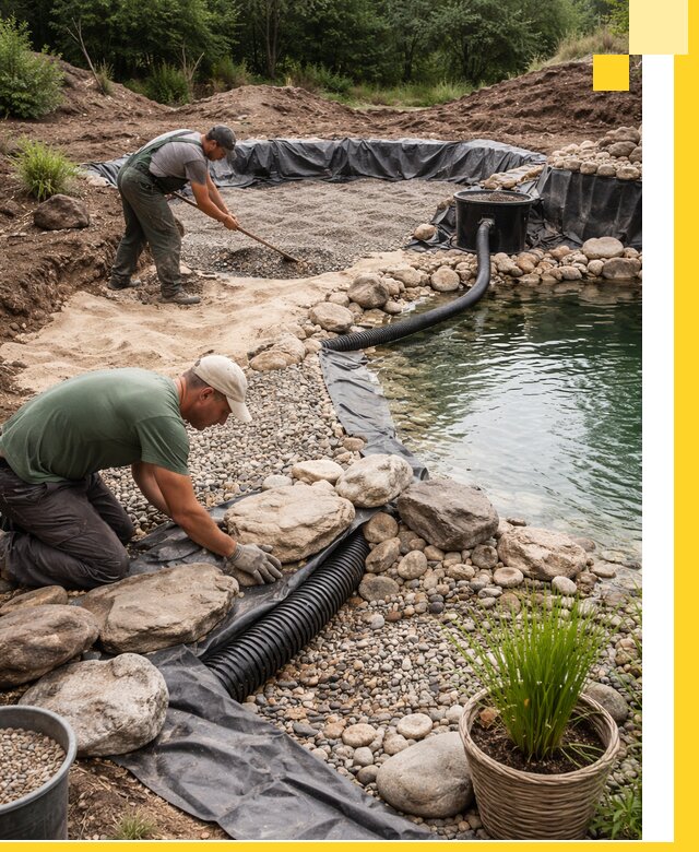 Строительство природных бассейнов и озер в Добрянке под ключ