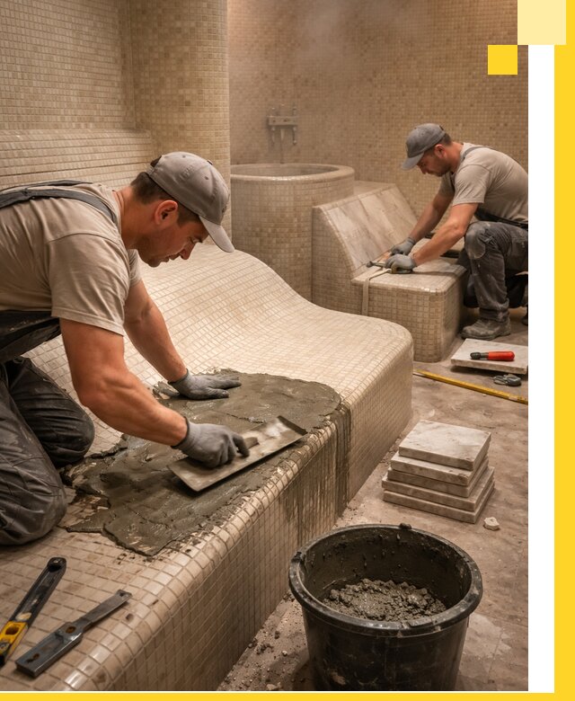 Лежаки для хамама под ключ в Добрянке, проект и монтаж