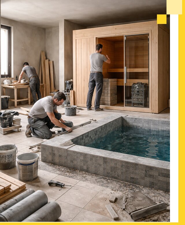 SPA зоны под ключ с бассейном сауной и печью в Добрянке